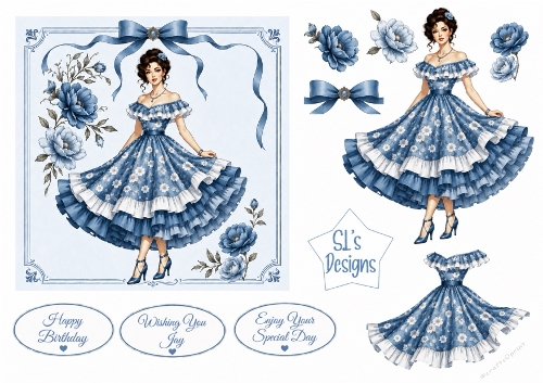 Elegant Vintage Blue Floral Lady – Card Front & Toppers Set