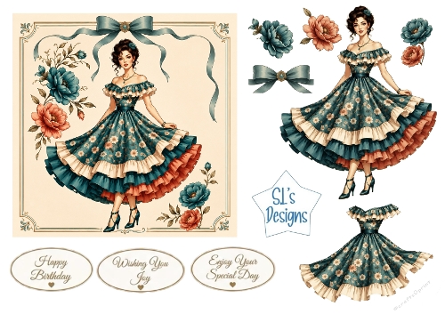 Elegant Vintage Teal Floral Lady – Card Front & Toppers Set