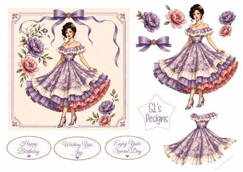 Elegant Vintage Lavender Floral Lady – Card Front & Toppers Set