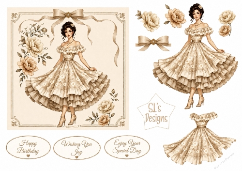 Elegant Vintage Beige Floral Lady – Card Front & Toppers Set