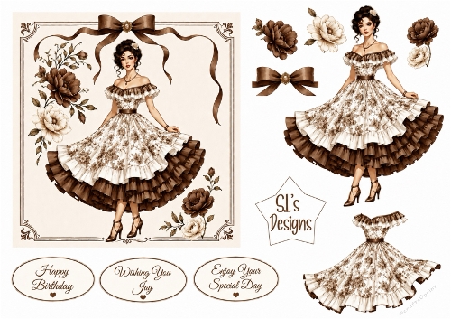 Elegant Vintage Brown Floral Lady – Card Front & Toppers Set