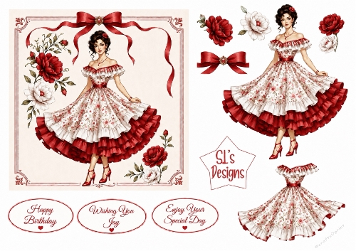Elegant Vintage Red Floral Lady – Card Front & Toppers Set