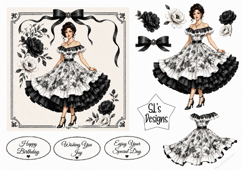Elegant Vintage Black & White Floral Lady – Card Front & Toppers Set