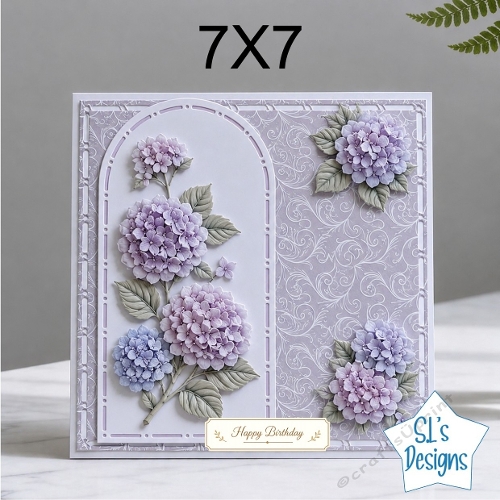 Elegant 7x7 Hydrangea Birthday Card Front – Soft Lilac & Blue Flowers