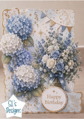 Elegant Blue Floral Birthday Card Topper with Gold Accents