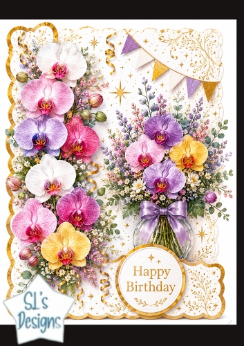 Elegant Orchid Birthday Card Topper with Gold Accents