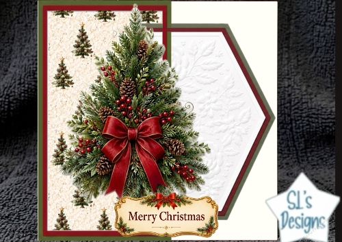 Festive Christmas Tree Card Topper with Pinecones and Red Bow