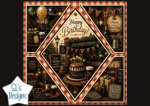British Pub Birthday Card Topper with Beer and Festive Elements