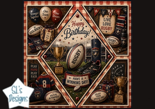 Rugby Birthday Card Topper with Trophy and Team Spirit Quotes