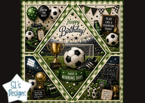 Soccer Birthday Card Topper with Champion Trophy and Team Spirit Elements