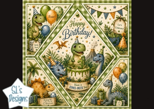 Dinosaur 3rd Birthday Card Topper with Cute Party Dinos