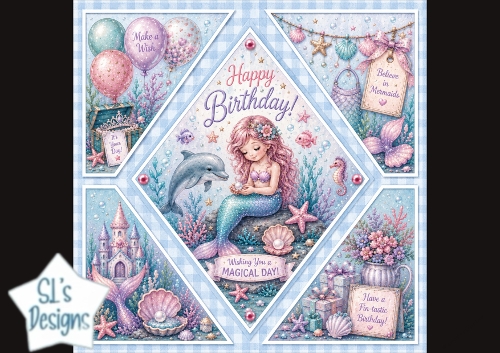Magical Mermaid Birthday Card Topper with Cute Underwater Elements