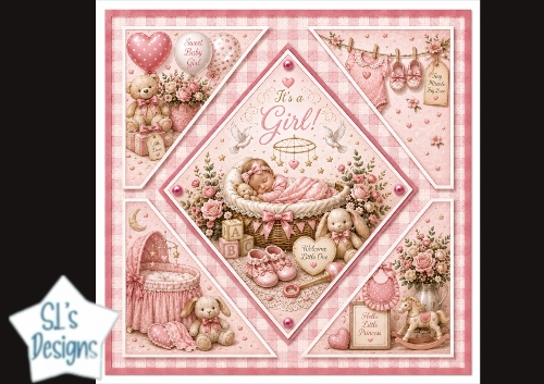 Baby Girl Newborn Card Topper with Cradle and Cute Pink Elements