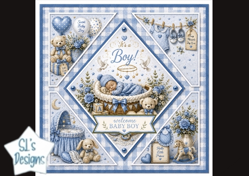 Baby Boy Newborn Card Topper with Cradle and Soft Blue Nursery Elements