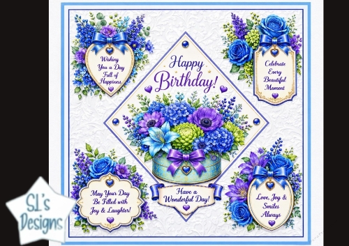 Elegant Blue & Purple Floral Birthday Topper – Embossed Card Front