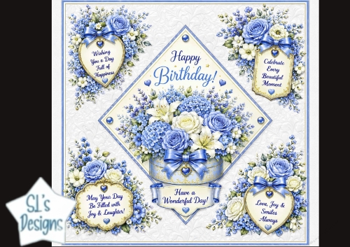 Elegant Blue & White Floral Birthday Topper – Embossed Card Front