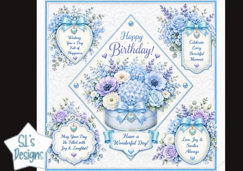 Soft Blue & Lavender Floral Birthday Topper – Embossed Card Front