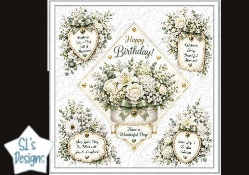 Elegant White & Green Floral Birthday Topper – Embossed Card Front