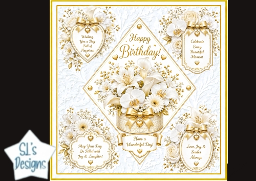 Elegant White & Gold Floral Birthday Topper – Embossed Card Front