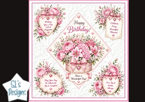 Elegant Pink Floral Birthday Topper – Embossed Card Front
