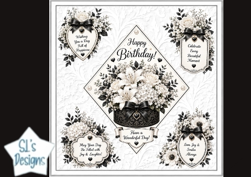 Elegant Black & White Floral Birthday Topper – Embossed Card Front