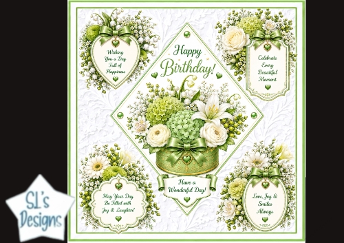 Elegant Green & White Floral Birthday Topper – Embossed Card Front