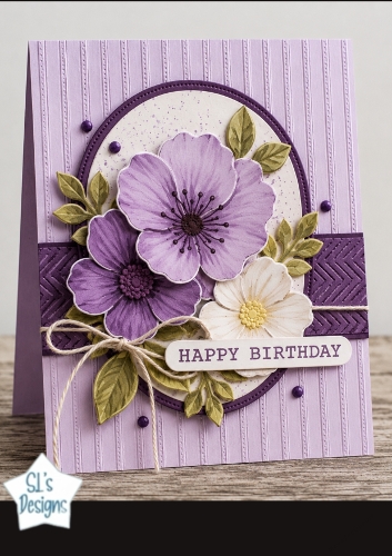 Purple Floral Birthday Topper – Layered Flowers & Ribbon Card Front