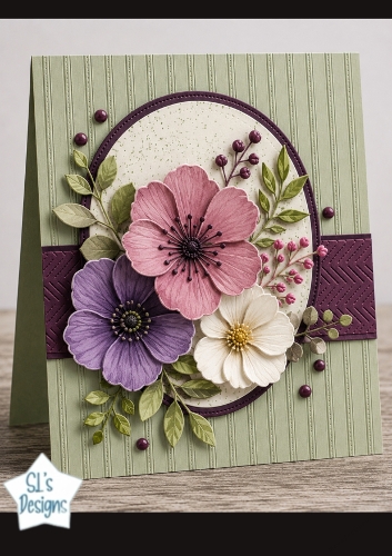 Purple & Pink Floral Topper – Layered Flowers on Embossed Card Front
