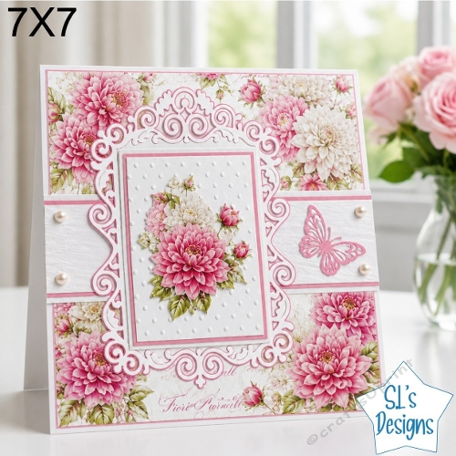 Pink Dahlia Floral Card Topper – Elegant 7x7 Lace Frame Design