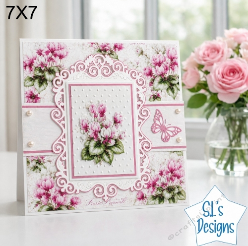 Pink Floral Card Topper – Elegant 7x7 Lace Frame with Blossoms