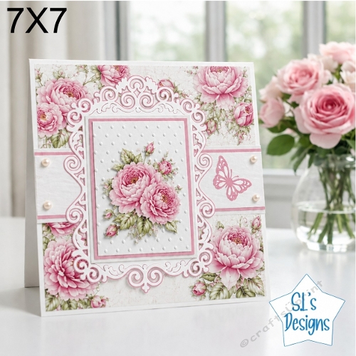 Pink Peony Floral Card Topper – Elegant 7x7 Lace Frame Design