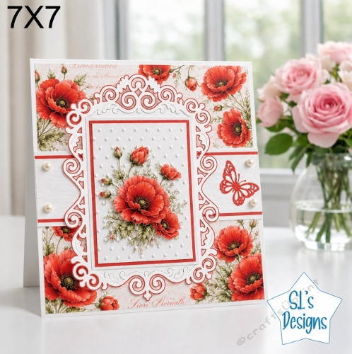 Red Poppy Floral Card Topper – Elegant 7x7 Lace Frame Design