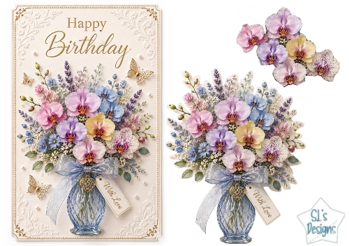 Pastel Floral Vase Happy Birthday Card Topper