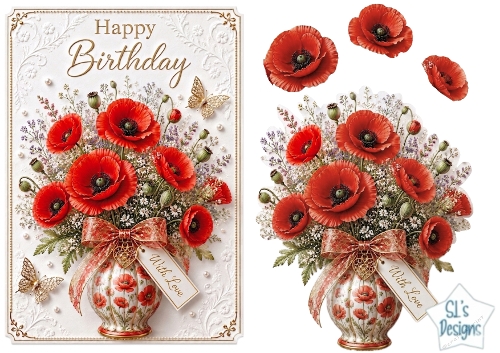 Red Poppy Vase Happy Birthday Card Topper