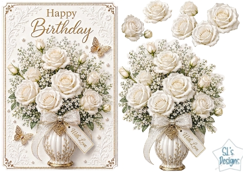 White Rose Vase Happy Birthday Card Topper