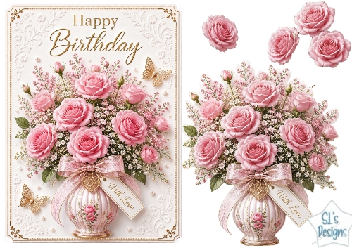 Pink Rose Vase Happy Birthday Card Topper