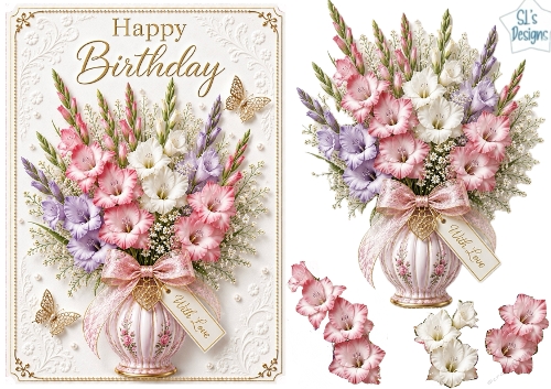 Gladiolus Floral Vase Happy Birthday Card Topper