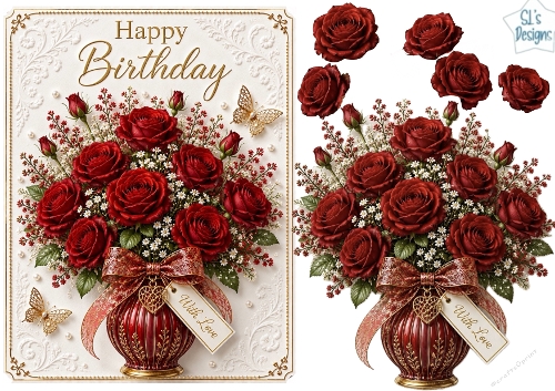 Red Rose Vase Happy Birthday Card Topper