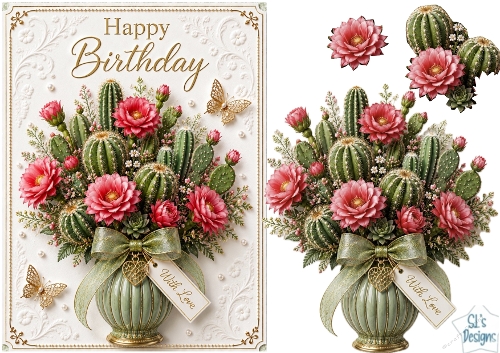 Cactus Floral Vase Happy Birthday Card Topper