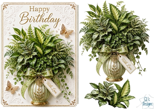 Green Foliage Vase Happy Birthday Card Topper
