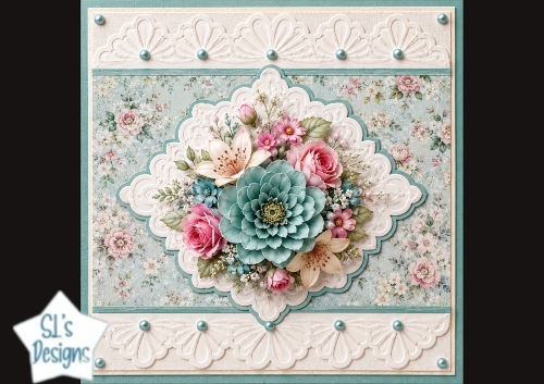 Teal Bloom & Pink Roses Lace Card Topper