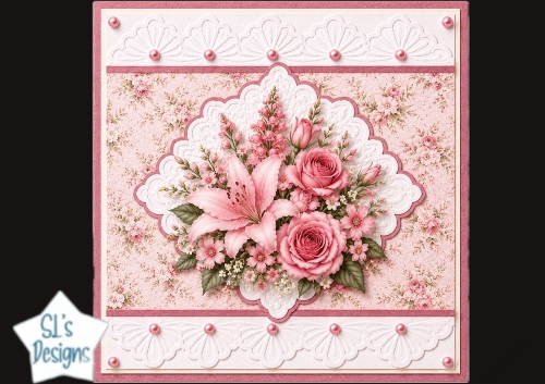 Pink Roses & Lace Floral Card Topper