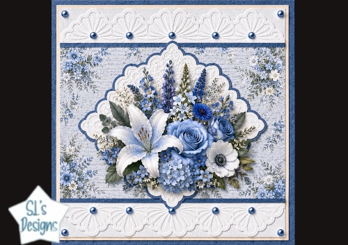 Blue & White Roses Lace Floral Card Topper