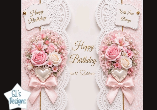 Pink & White Roses Lace Birthday Card Topper