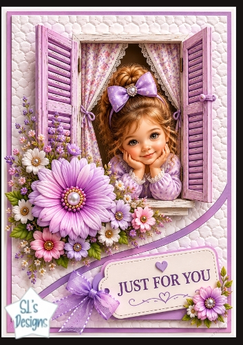 Lavender Window & Cute Girl Just For You Card Topper