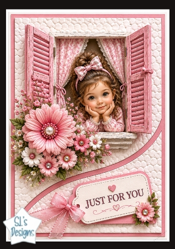 Pink Window & Cute Girl Just For You Card Topper