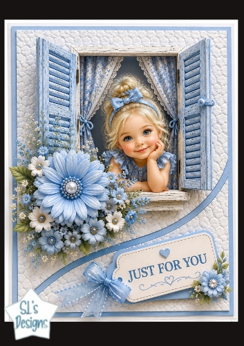 Blue Window & Cute Girl Just For You Card Topper