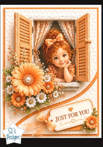 Orange Window & Cute Girl Just For You Card Topper