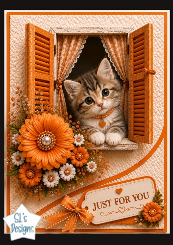 Cute Kitten in Orange Window Just For You Card Topper