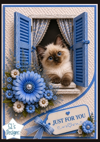 Blue Window Kitten Just For You Card Topper